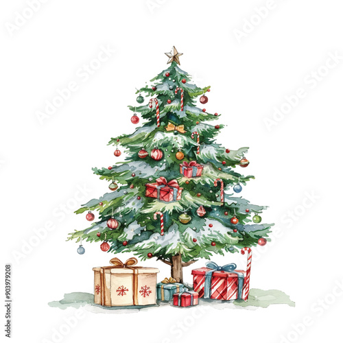 watercolor christmas tree with gifts
