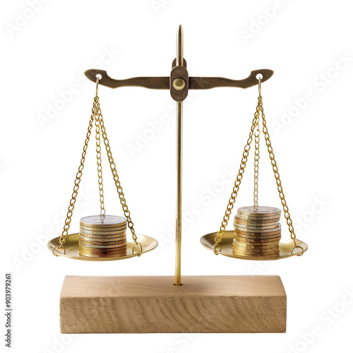 A scale balancing coins on transparent background photo