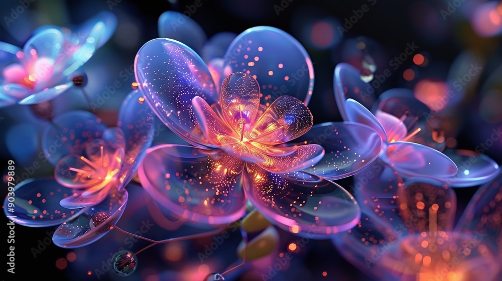 Glowing Glass Flowers. generative ai illustration. Glowing Glass Flowers. generative ai illustration.