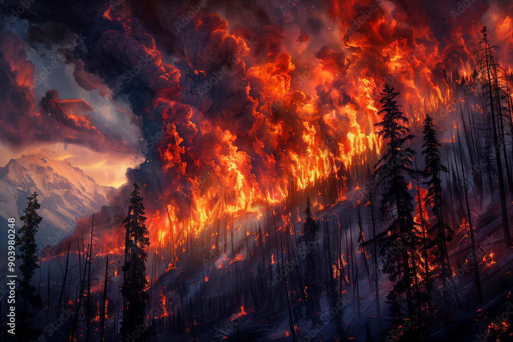 raging forest fire with towering flames, dense smoke billowing into the sky, and charred trees, capturing the intensity and destruction of the blaze raging forest fire with towering flames, dense smoke billowing into the sky, and charred trees, capturing the intensity and destruction of the blaze