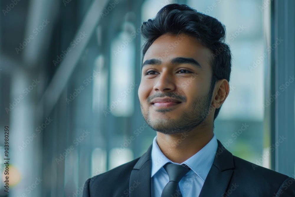 Thoughtful young indian businessman looking away with smile. Portrait of confident young man Thoughtful young indian businessman looking away with smile. Portrait of confident young man