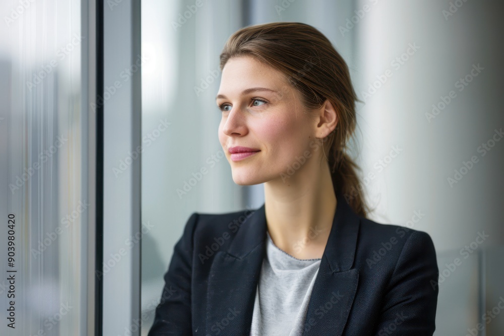 Thoughtful young white business woman looking away with smile. Portrait of confident young woman in a suit Thoughtful young white business woman looking away with smile. Portrait of confident young woman in a suit