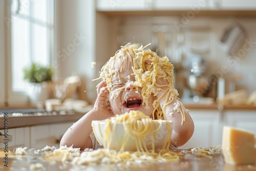 toddler diving into a spaghetti meal, leaving their face and hands a joyful mess bright kitchen room photo