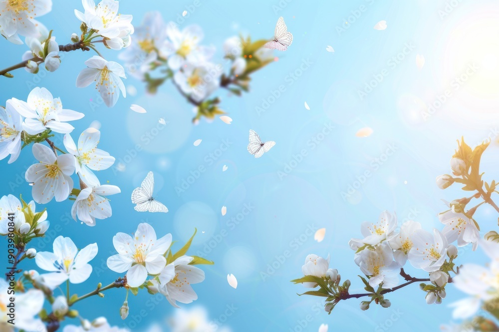 Spring banner. Branches of blossoming branches of cherry tree against blue background and butterflies Spring banner. Branches of blossoming branches of cherry tree against blue background and butterflies