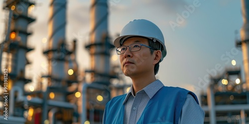 Asian Male Engineer with Glasses in Industrial Facility