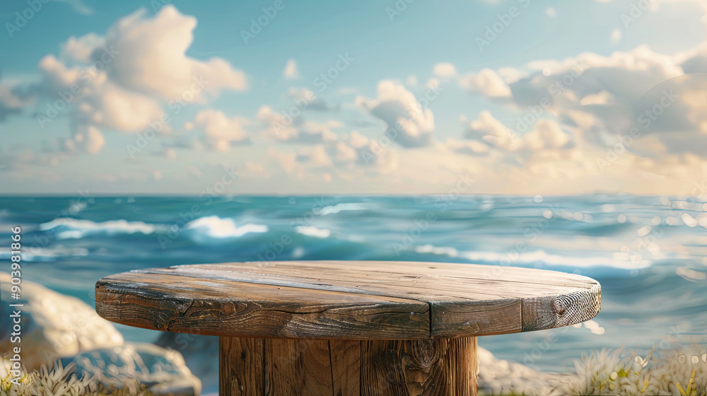 Aged Wooden Pedestal with Free Space and Blurred Summer Beach Landscape Background, Rustic Display Stand, Coastal Scenery, Summer Vibes, Product Presentation Platform, Soft Beach Background, Elegant Aged Wooden Pedestal with Free Space and Blurred Summer Beach Landscape Background, Rustic Display Stand, Coastal Scenery, Summer Vibes, Product Presentation Platform, Soft Beach Background, Elegant