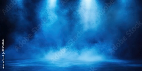 empty dark room with blue smoke, Abstract dark blue background with spotlight and fog