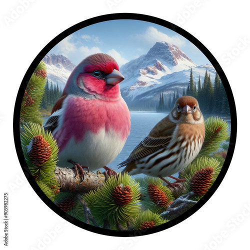 A circular 3D rendered watercolor painting of a male and female Purple Finch, isolated on a transparent background
