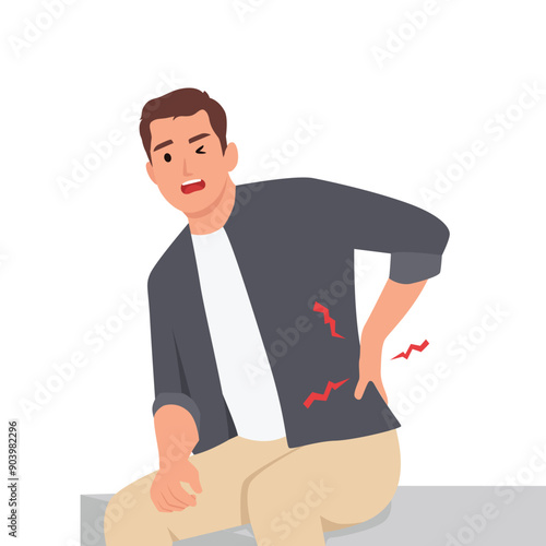 Young man suffering from back pain. Flat vector illustration isolated on white background