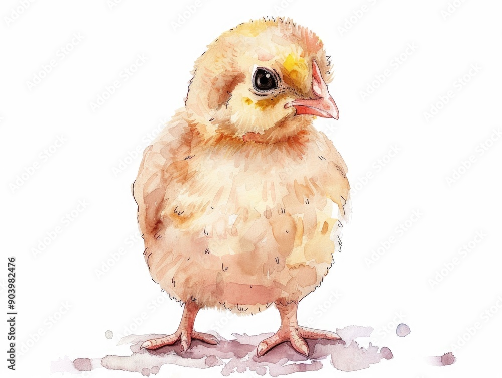 Obraz premium Adorable hand drawn cartoon of a fluffy chick wearing a small hat rendered in a whimsical watercolor painting style on a simple white background This charming