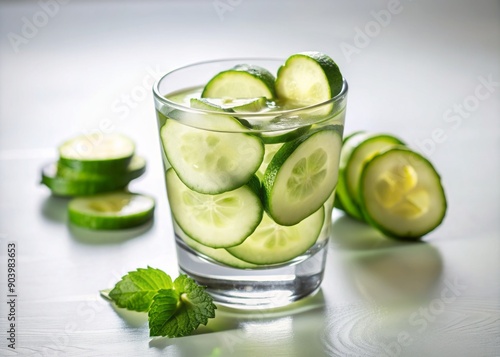 Refreshing glass of clear liquid garnished with thin slices of fresh green cucumber, surrounded by a clean white background and natural light. © DigitalArt Max