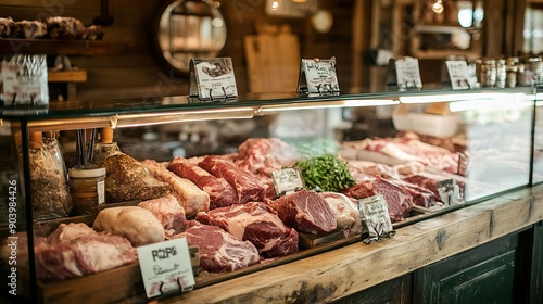 Obraz na płótnie A butcher shop displays fresh meats on its glass counter. These include beef, pork, and lamb. w salonie