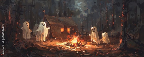Haunted campsite with ghostly campers and flickering campfire, Halloween, Dark tones, Digital painting, spooky and atmospheric