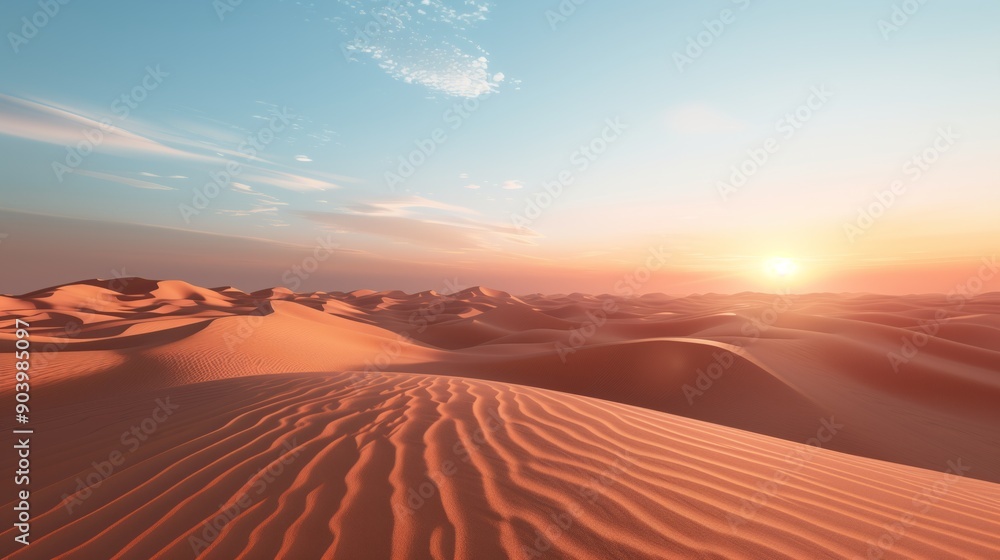 Landscape of dense and vast sand dunes in the desert with a beautiful sunset. Landscape of dense and vast sand dunes in the desert with a beautiful sunset.