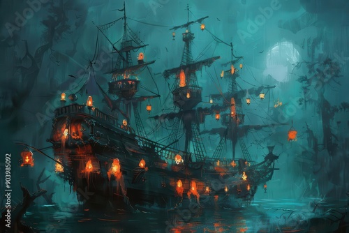 Haunted pirate ship with ghostly crew and glowing lanterns, Halloween, Dark blues and greens, Digital painting, mysterious and spooky