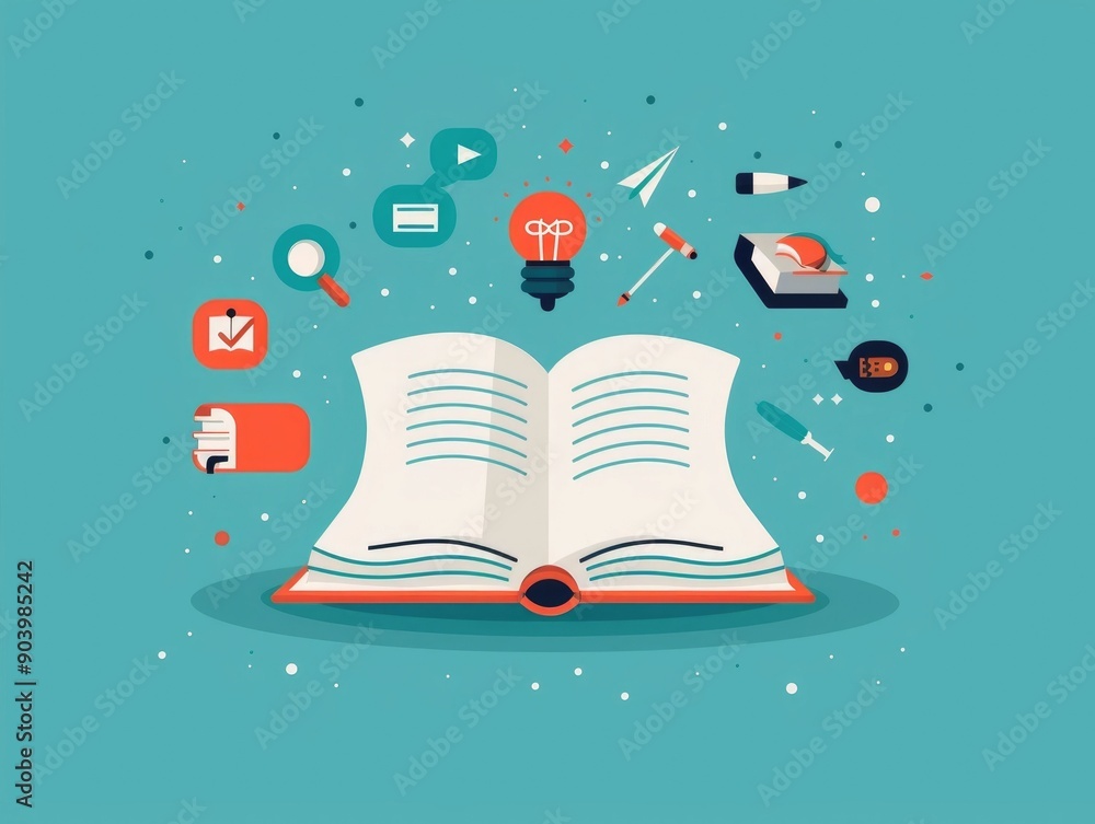 Flat depicting an open book surrounded by various educational icons such as a lightbulb graduation cap pencil and more representing the concept of learning knowledge and academic Flat depicting an open book surrounded by various educational icons such as a lightbulb graduation cap pencil and more representing the concept of learning knowledge and academic