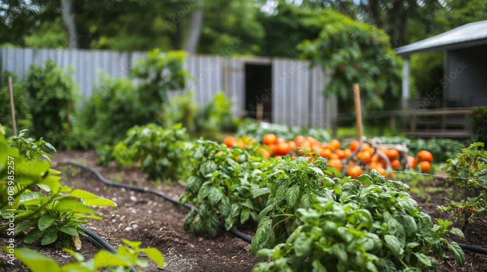 Lush Vegetable Garden with Drip Irrigation and Tomato Plants in Bloom Lush Vegetable Garden with Drip Irrigation and Tomato Plants in Bloom