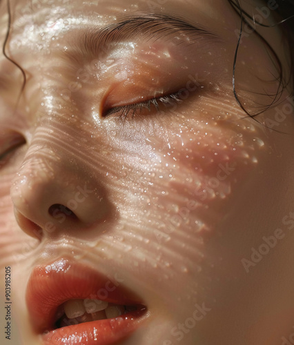 Portrait of beautiful natural Asian woman with dewy wet skin	