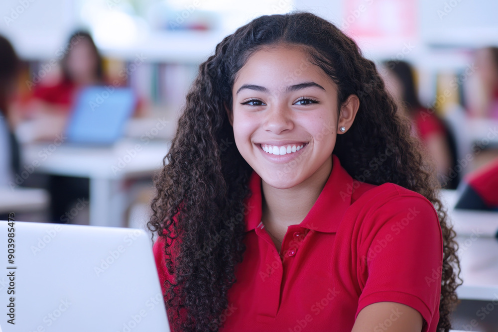 Hispanic student girl happy study using laptop at school library Hispanic student girl happy study using laptop at school library