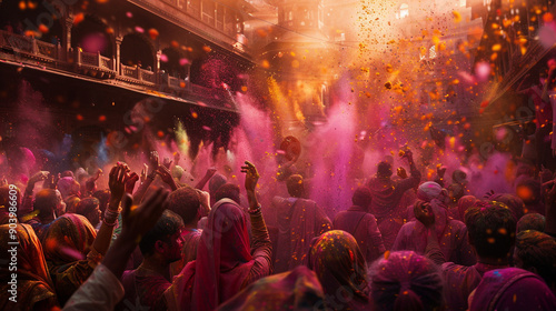 A colorful Holi festival, with people throwing vibrant powders photo