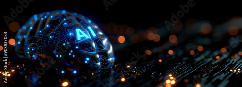 AI brain, Digital image depicting cloud computing with abstract elements representing data processing and AI operations. Network and internet, AI generated