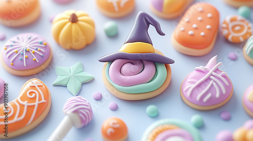 Halloween-themed cookies featuring witches hats, pumpkins, and magical designs.