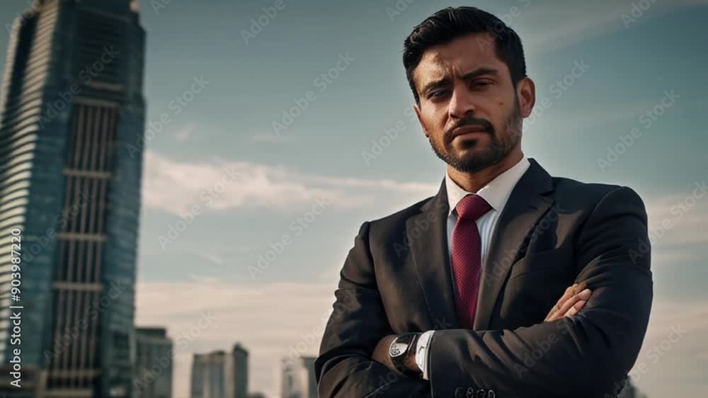Confident Businessman Standing in Front of a City Skyline Confident Businessman Standing in Front of a City Skyline