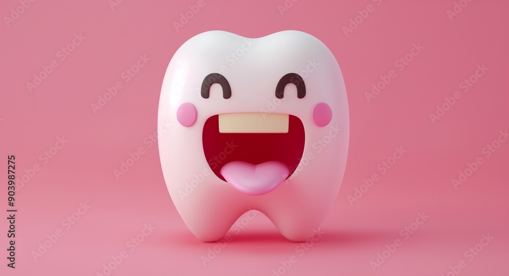 Cute Smiling Tooth Cartoon with Happy Expression on Pink Background Cute Smiling Tooth Cartoon with Happy Expression on Pink Background