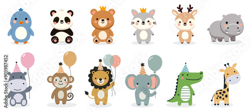 A collection of cute baby animals on a white background, suitable for children's products, prints, wallpapers, covers, prints on clothes