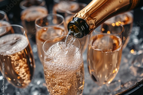 Pouring champagne or sparkling wine into glass. Celebration concept. Generated AI