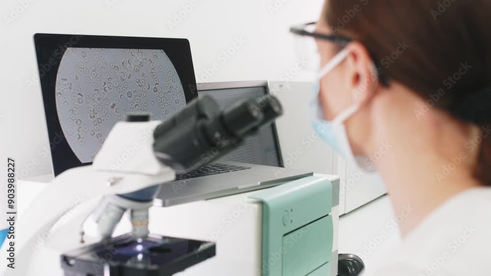 Scientist in a modern medical lab examines molecular samples under a microscope. Microbiologist works with advanced technological equipment in a state-of-the-art laboratory Scientist in a modern medical lab examines molecular samples under a microscope. Microbiologist works with advanced technological equipment in a state-of-the-art laboratory