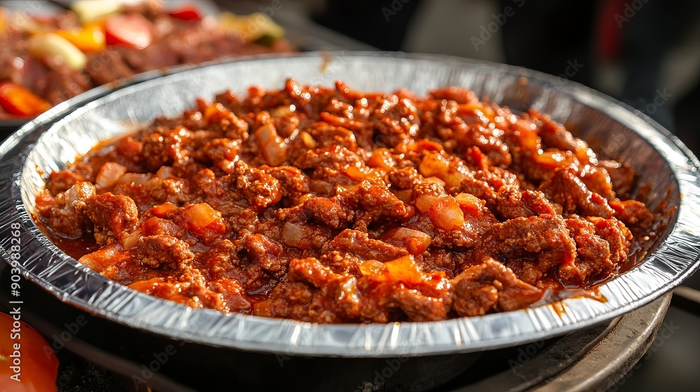 A delicious dish of chili and fatty beef is prepared on an aluminum plate, awaiting grilling or barbecue. A delicious dish of chili and fatty beef is prepared on an aluminum plate, awaiting grilling or barbecue.
