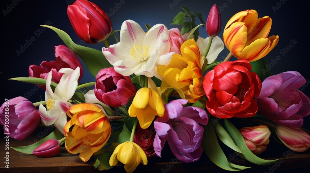 Group of many fresh colorful tulips close up. Neural network ai generated art Group of many fresh colorful tulips close up. Neural network ai generated art