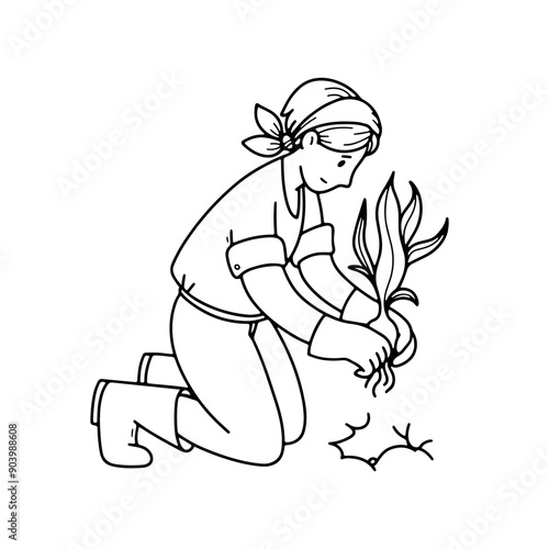 Woman gardener works and plants seedlings of vegetables. Agricultural working people tending garden doodle illustration. Vector outline illustration.