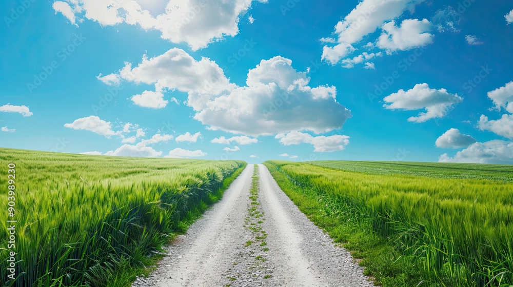Fototapeta premium Country Gravel Road through Green Wheat Fields, Natural Landscape, Blue Sky with Clouds, Rural Scenery, Agricultural Area, Countryside Road, Scenic Farmland, Beautiful Outdoor View