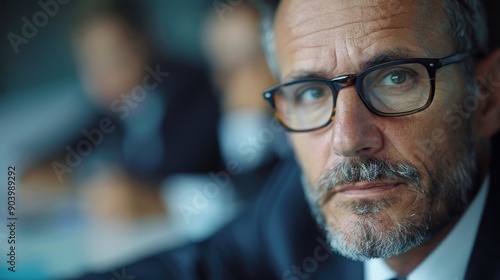 A serious man with gray hair and glasses, dressed in formal attire, gazes intensely, with blurred colleagues and corporate setting in the background.