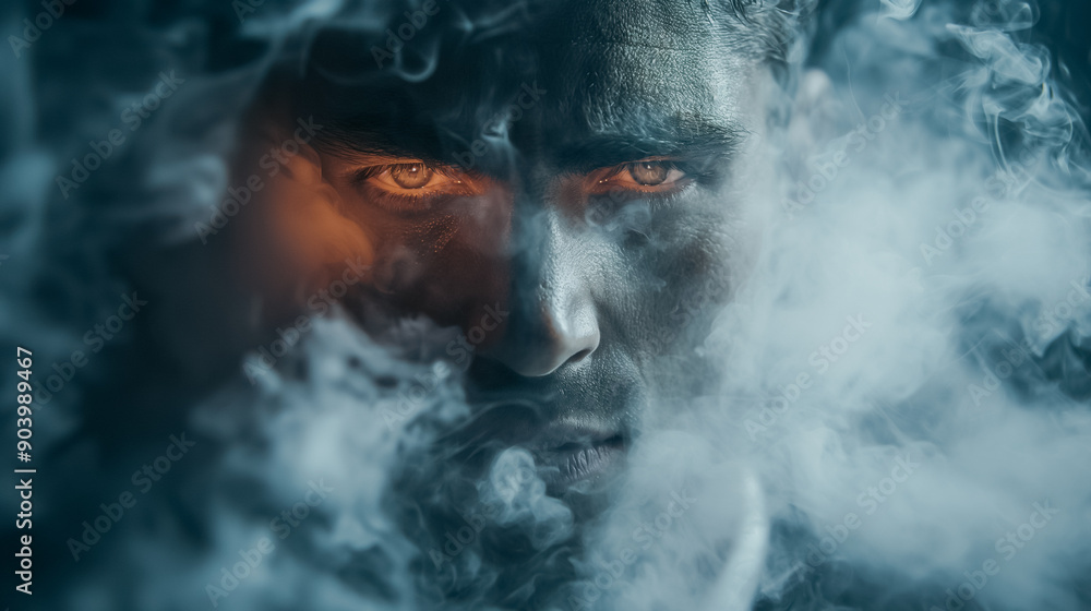A man with a pale face and a dark beard is surrounded by a cloud of smoke. The smoke is thick and hazy, creating a sense of mystery and intrigue. The man's eyes are wide open A man with a pale face and a dark beard is surrounded by a cloud of smoke. The smoke is thick and hazy, creating a sense of mystery and intrigue. The man's eyes are wide open