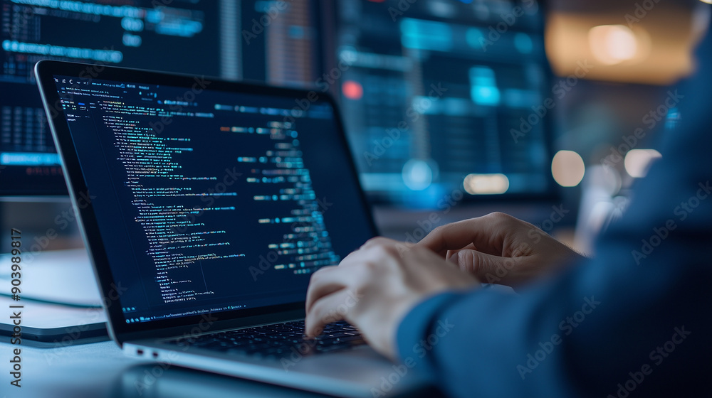 Data Science and Engineering - Computer Programmer Using Laptop Analyzing Big Data and Cloud Computing, Database Management, Algorithm and AI Deep Learning Photo Data Science and Engineering - Computer Programmer Using Laptop Analyzing Big Data and Cloud Computing, Database Management, Algorithm and AI Deep Learning Photo