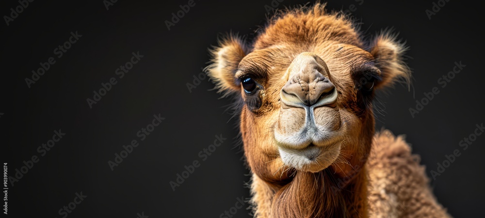 Fototapeta premium Camel facing forward. Forward-facing portrait of a dromedary camel highlighting its unique facial features, expressive eyes, and textured fur against a dark background for a dramatic effect.