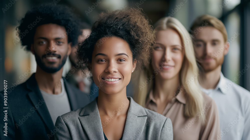 A group of people are smiling and posing for a photo. The woman in the middle is wearing a suit and smiling A group of people are smiling and posing for a photo. The woman in the middle is wearing a suit and smiling