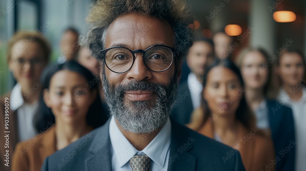 A man with glasses and a beard stands in front of a group of people. The man is smiling and he is the center of attention. The group of people are standing behind him, with some of them wearing ties A man with glasses and a beard stands in front of a group of people. The man is smiling and he is the center of attention. The group of people are standing behind him, with some of them wearing ties