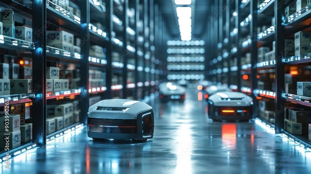 A futuristic warehouse where AI-powered robots sort and manage inventory. The robots move efficiently through the aisles, picking and placing items. The image showcases the integration of AI in A futuristic warehouse where AI-powered robots sort and manage inventory. The robots move efficiently through the aisles, picking and placing items. The image showcases the integration of AI in
