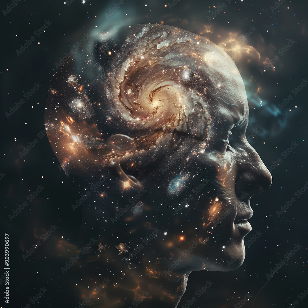 A human silhouette filled with a swirling galaxy, representing the boundless imagination and cosmic wonders within the human mind A human silhouette filled with a swirling galaxy, representing the boundless imagination and cosmic wonders within the human mind
