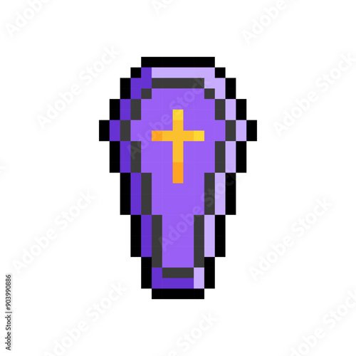 Purple coffin with golden cross isolated on transparent background. Vampire coffin icon. Halloween celebration. Vector pixel art illustration in 16 bit old style.