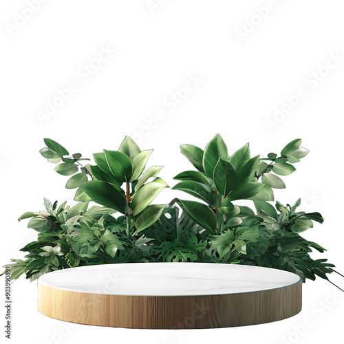 Wooden round podium with lush green foliage, cut out photo