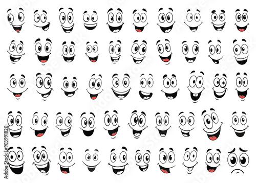Cartoon faces. Expressive eyes and mouth, smiling and sad character face expressions. Caricature comic emotions or emoticon doodle. Isolated vector illustration icons set