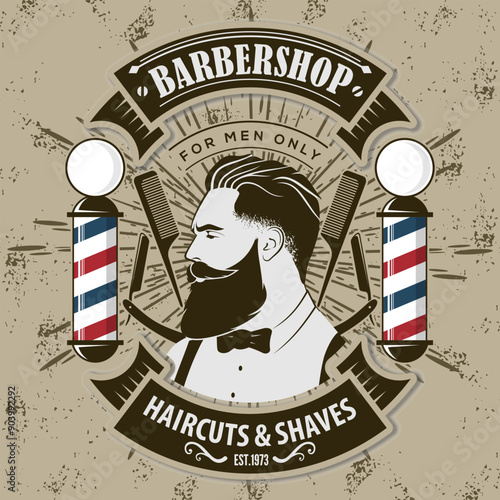 Barbershop logo, poster or banner design concept with barber pole and bearded men. Vector illustration