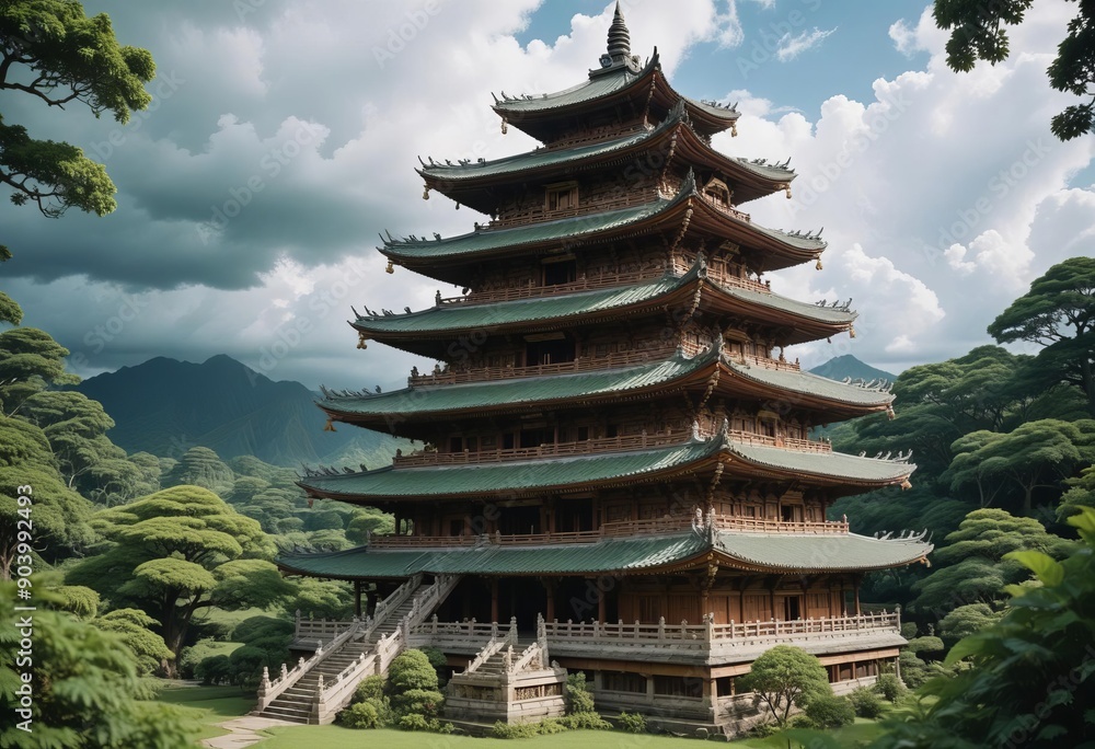A detailed, intricate model of an ancient Buddhist temple or pagoda A detailed, intricate model of an ancient Buddhist temple or pagoda