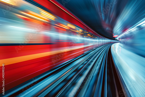 Vibrant subway train speeds through curved tunnel at night in urban area