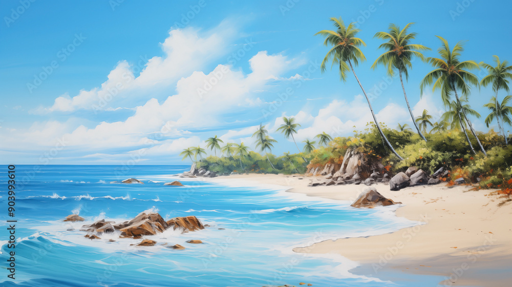 Tropical beach landscape with palm trees and gentle waves on a summer day Tropical beach landscape with palm trees and gentle waves on a summer day